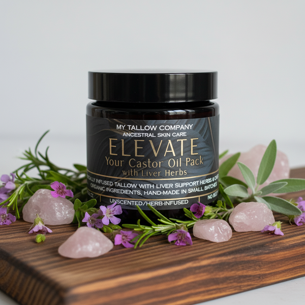 Elevate jar on wood with flowers and quartz