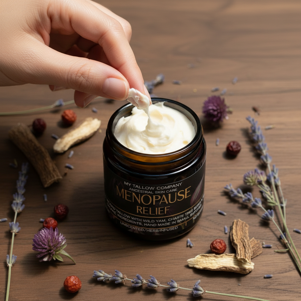 Hand scooping Menopause Relief whipped tallow balm