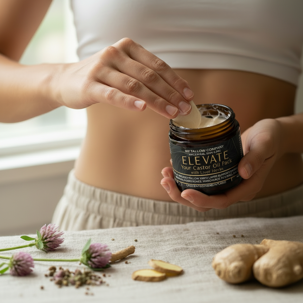 Woman applying Elevate tallow balm to abdomen with glowing skin