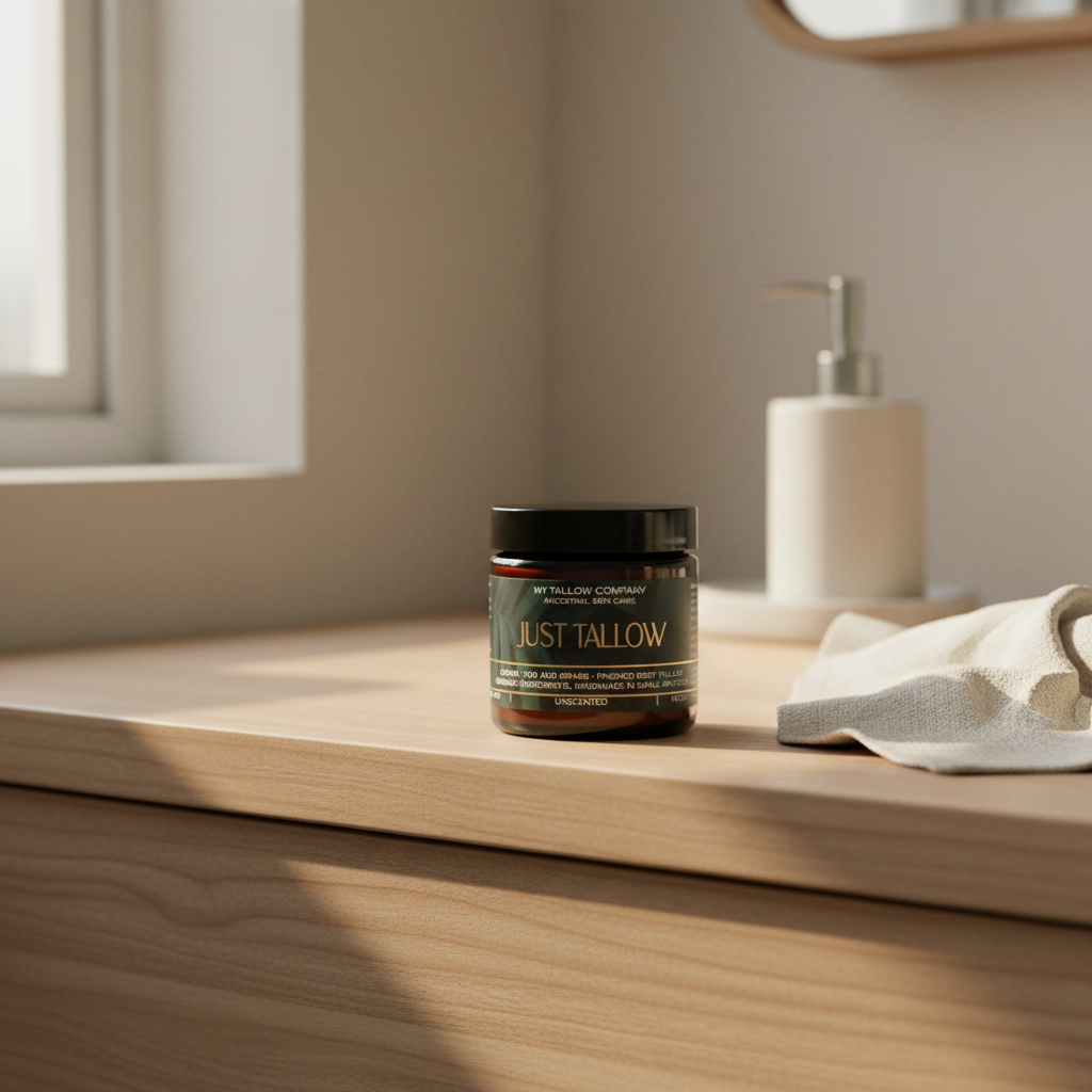 Just Tallow jar on bathroom vanity with morning light