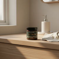 Just Tallow jar on bathroom vanity with morning light