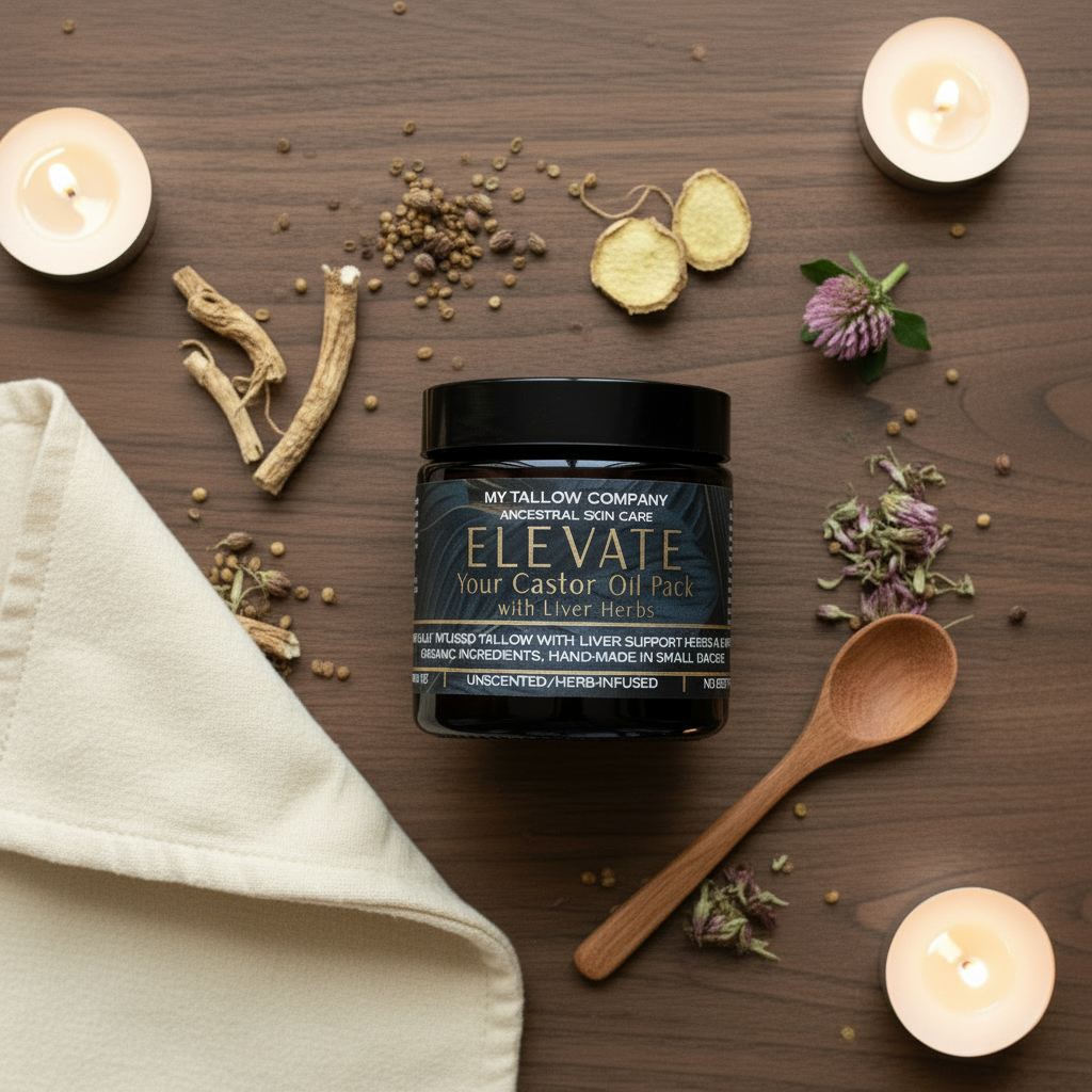 Elevate jar in castor oil pack wellness ritual scene with dried herbs
