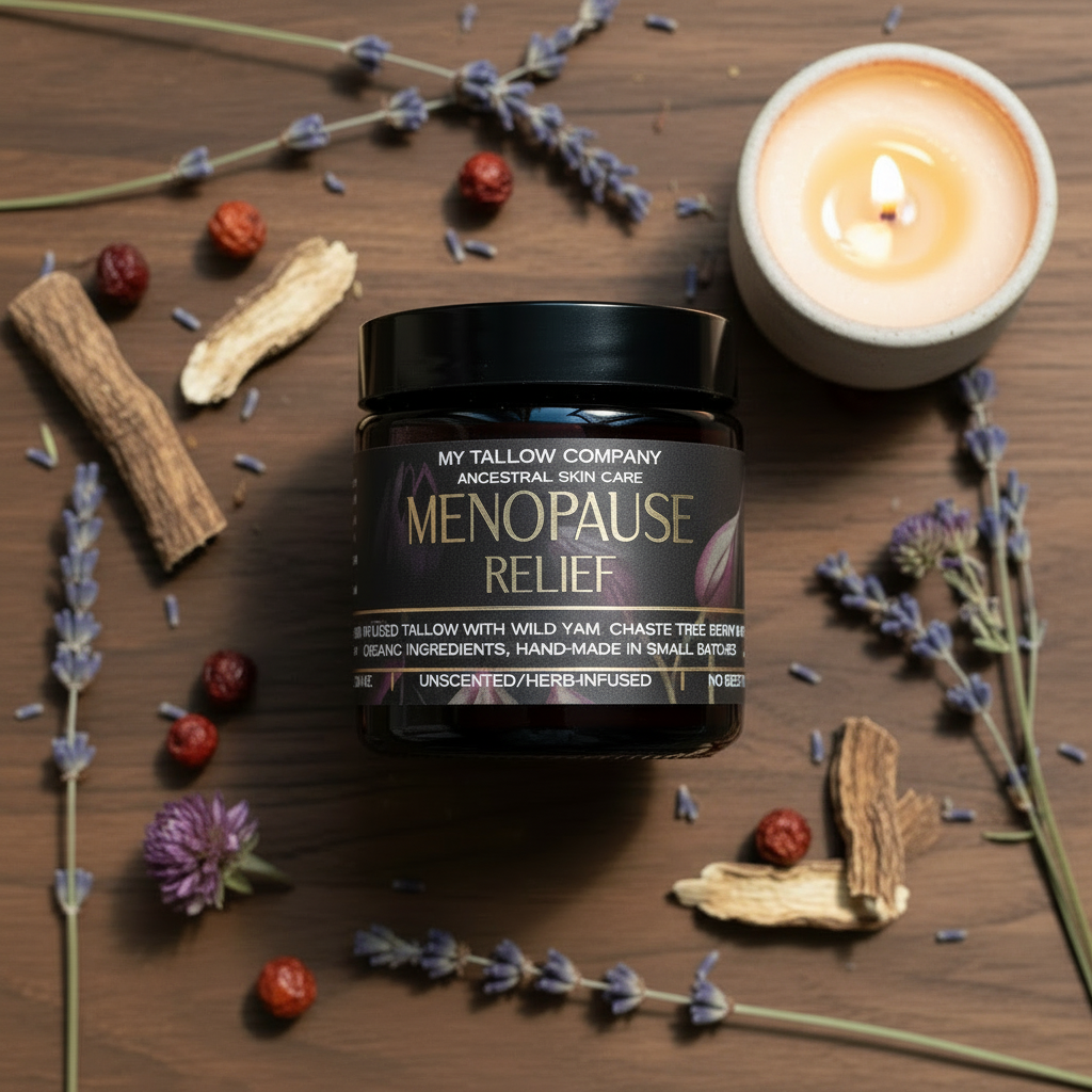 Menopause Relief jar with candlelight and dried herbs