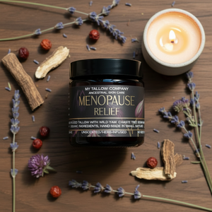 Menopause Relief jar with candlelight and dried herbs