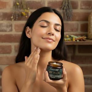 Woman applying Just Tallow balm to skin with glowing results