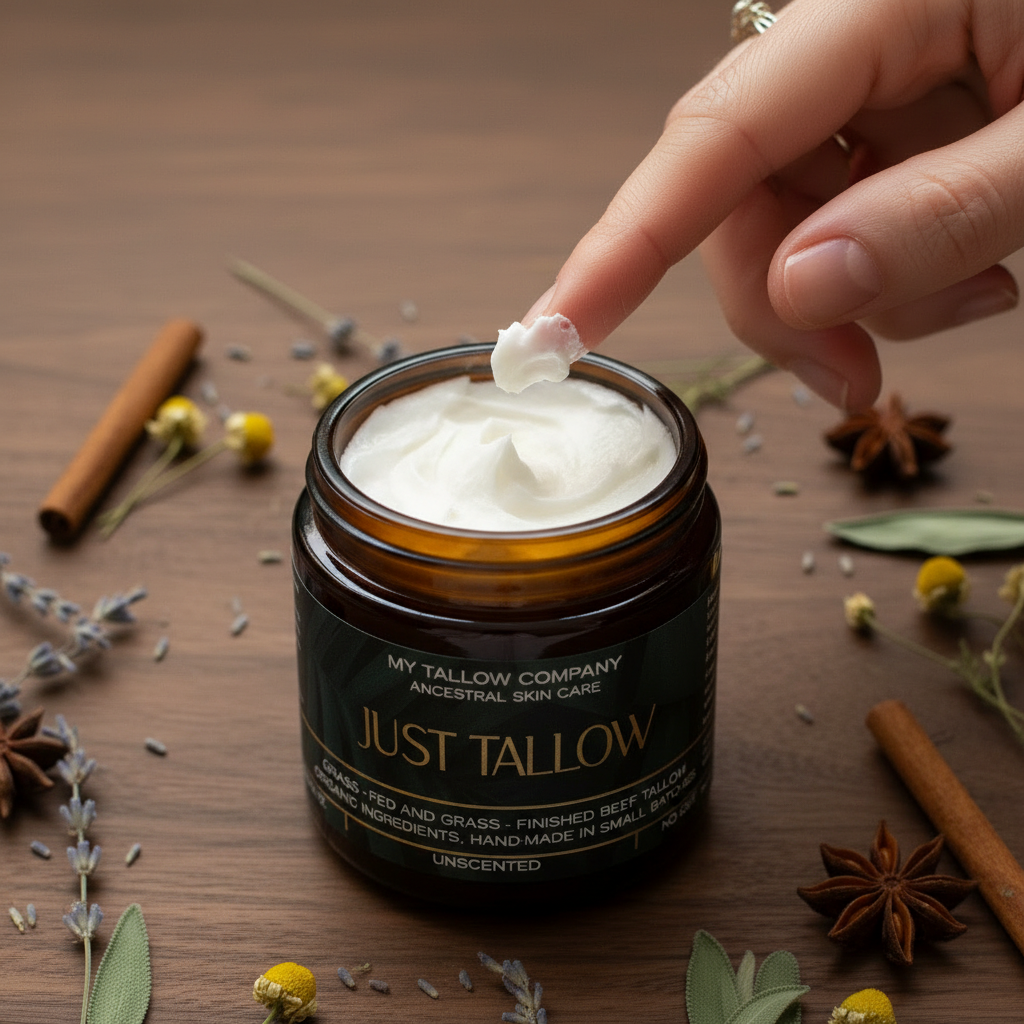 Close-up of hand scooping Just Tallow whipped tallow balm