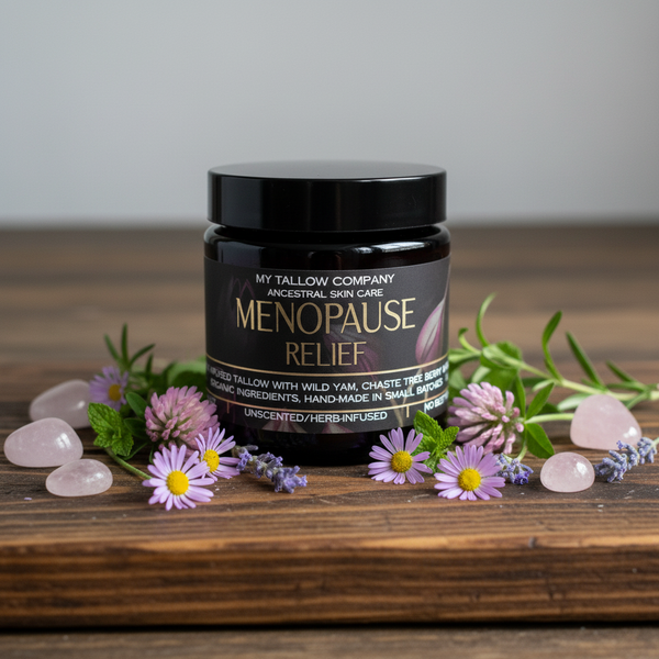 Menopause Relief jar on wood with flowers and quartz